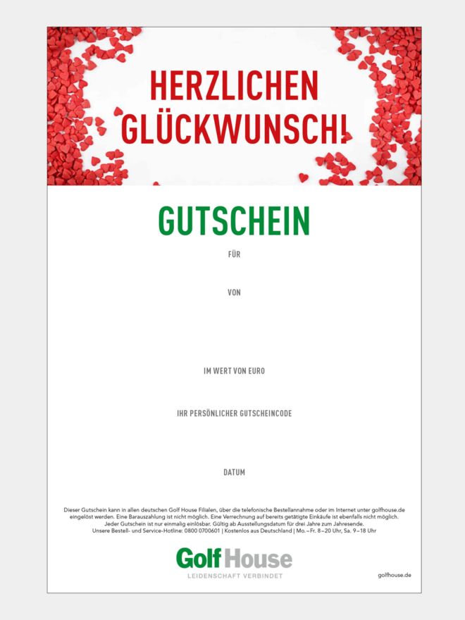 Golf House Gutschein zum Drucken Glückwunsch Herz
