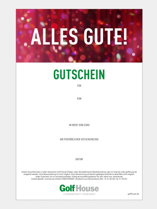 Golf House Gutschein zum Drucken Alles Gute rot