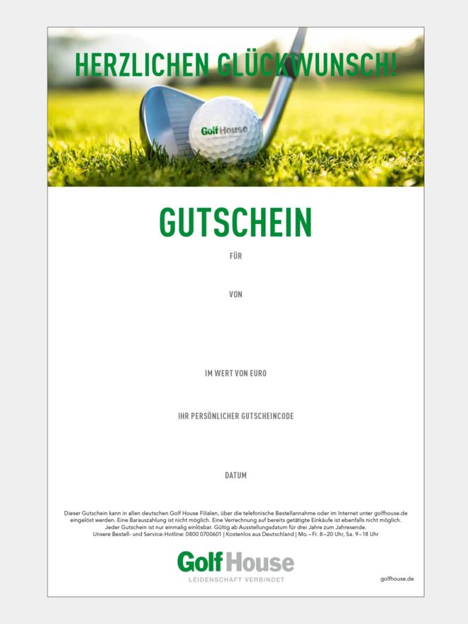 Golf House Gutschein zum Drucken Glückwunsch Ball