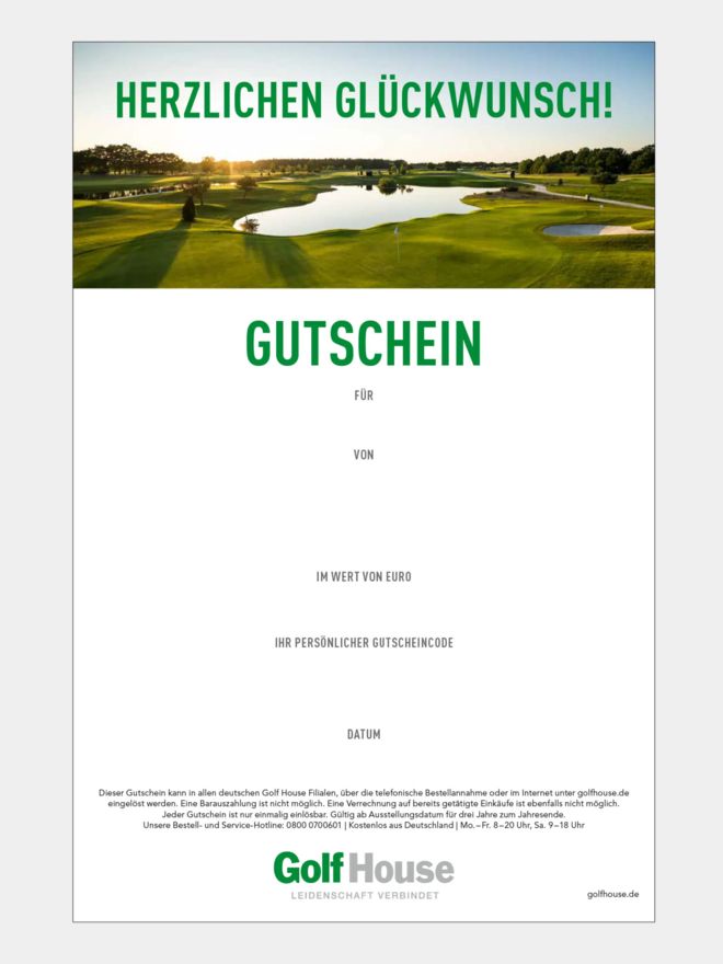 Golf House Gutschein zum Drucken Glückwunsch Platz