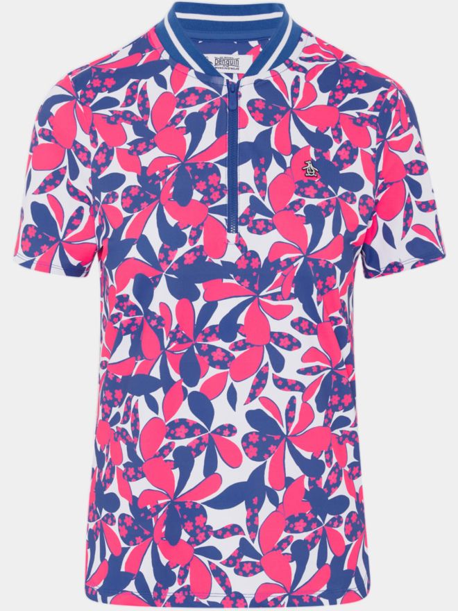 Penguin Floral Printed with Striped Rib Mock Neck Halbarm Polo mehrfarbig