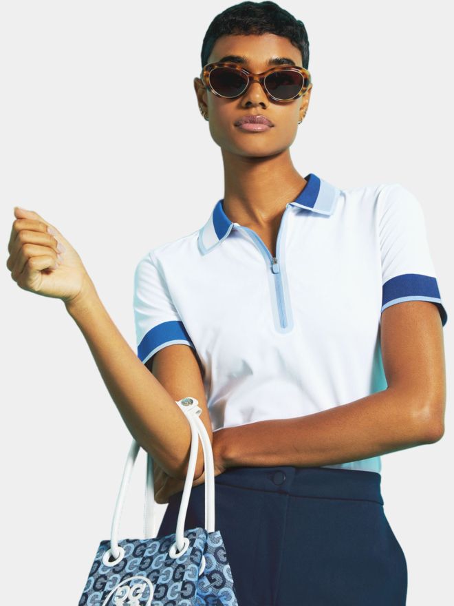 G/Fore CONTRAST RIB COLLAR QUARTER ZIP TECH PIQUÉ half-sleeved polo white