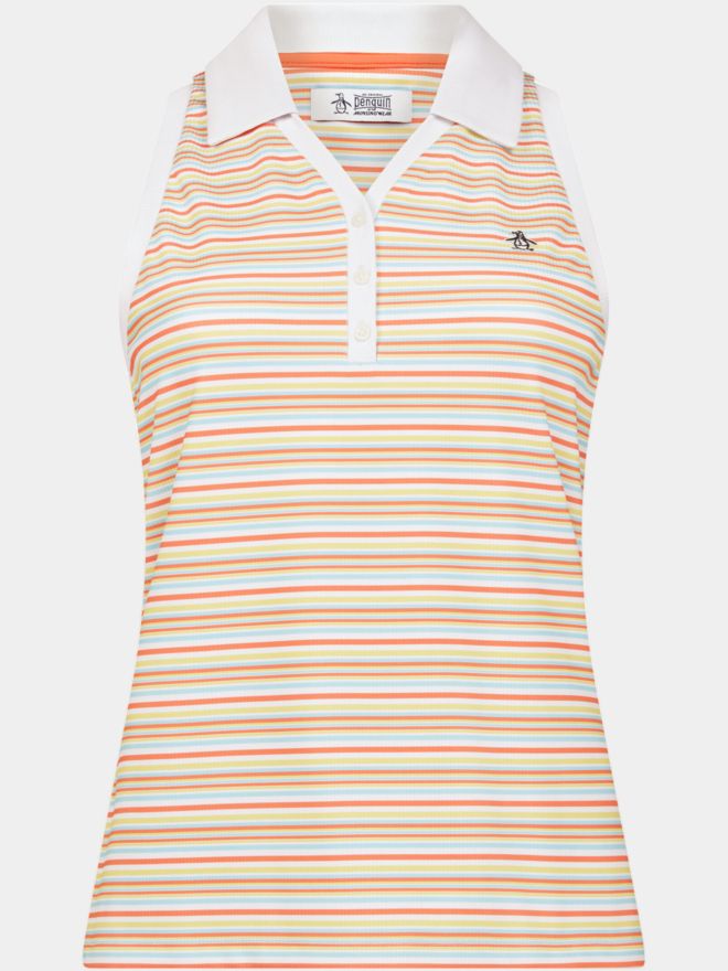Penguin Ribbed Fine Line Stripe without sleeves Polo white