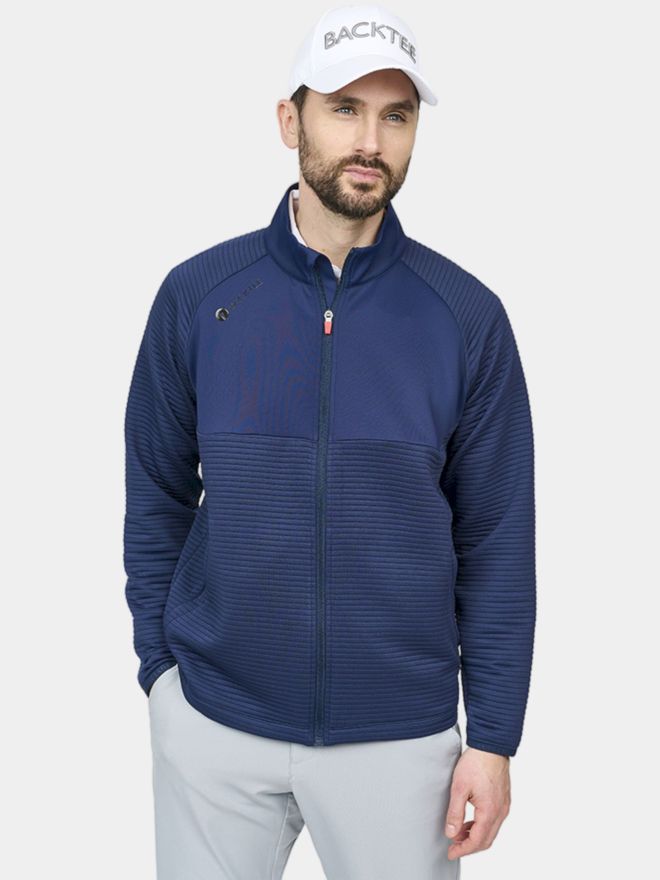 Backtee Mens Waffle Midlayer Cardigan Stretch Jacket navy