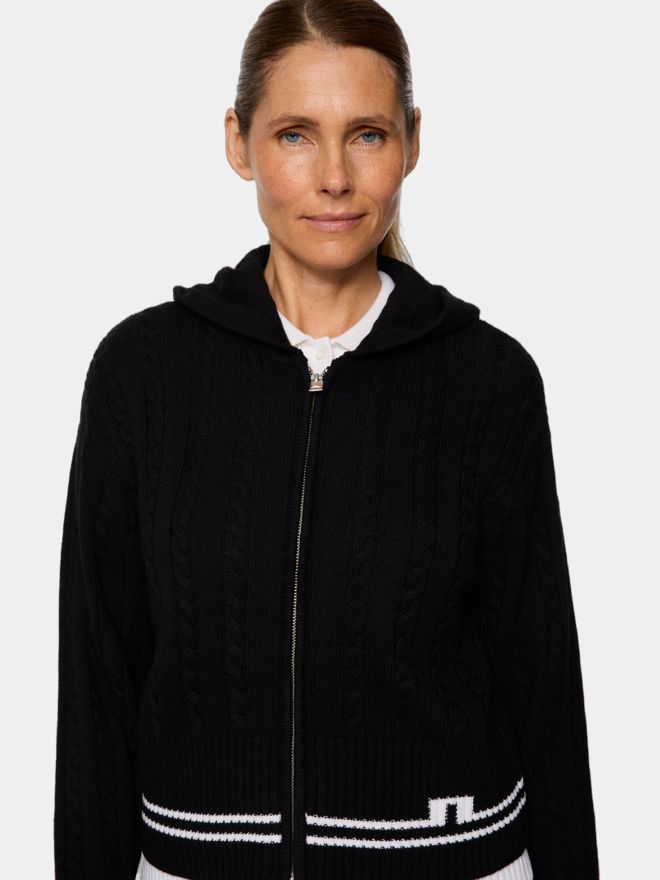 J.Lindeberg Camilla Cable Knit Wool Hood Jacke Strick schwarz