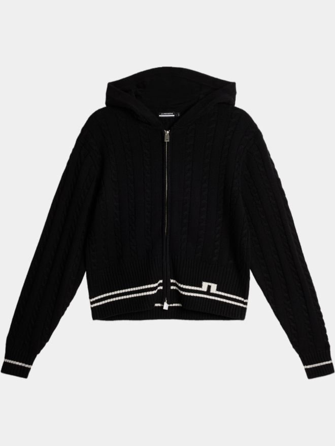 J.Lindeberg Camilla Cable Knit Wool Hood Jacke Strick schwarz