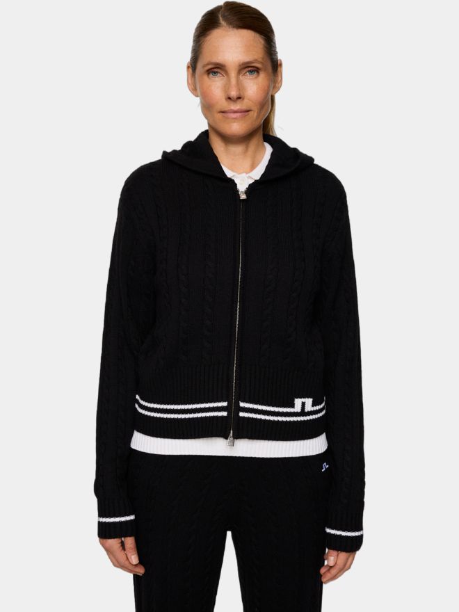 J.Lindeberg Camilla Cable Knit Wool Hood Jacke Strick schwarz