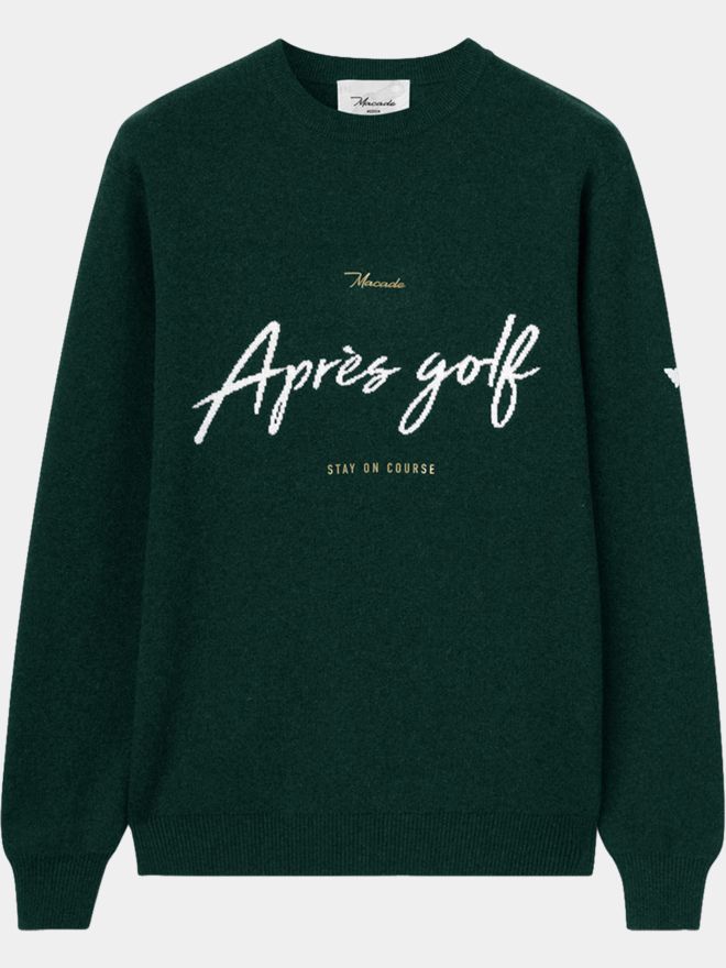 Macade Golf Pine Green Intarsia Knit Crewneck Pullover Strick dunkelgrün
