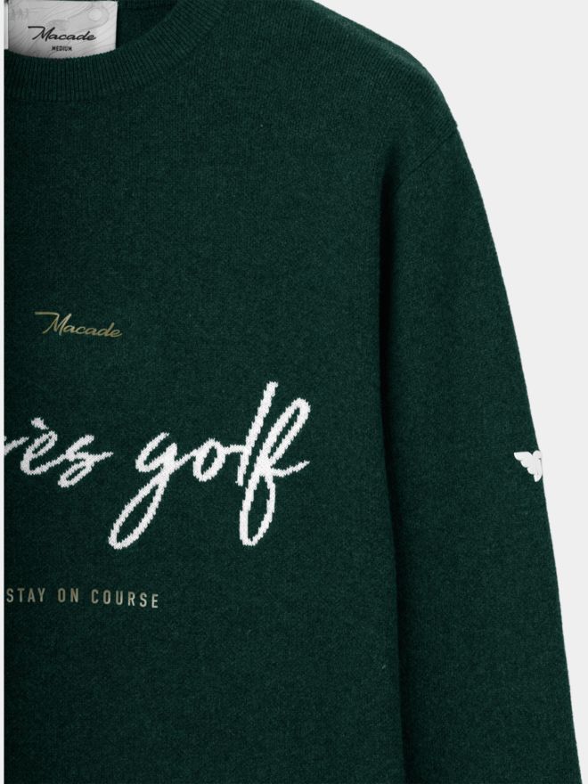 Macade Golf Pine Green Intarsia Knit Crewneck Pullover Strick dunkelgrün