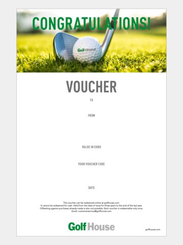 Golf House Gutschein zum Drucken Glückwunsch Ball