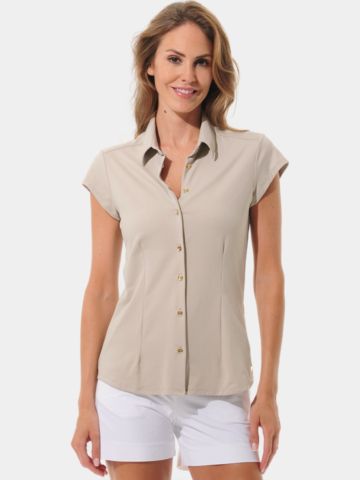 MDC  Cap Sleeve Button Down Halbarm Polo sand