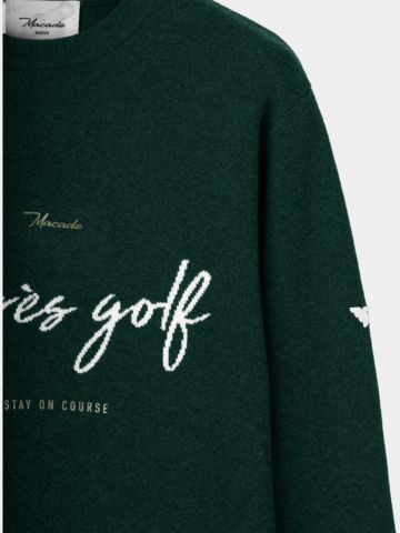 Macade Golf Pine Green Intarsia Knit Crewneck Pullover Strick dunkelgrün