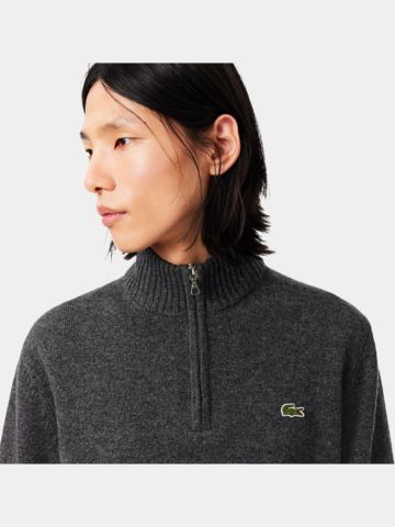 Lacoste Pletený svetr s polovičním zipem a rolákem šedá