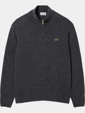 Lacoste Pletený svetr s polovičním zipem a rolákem šedá